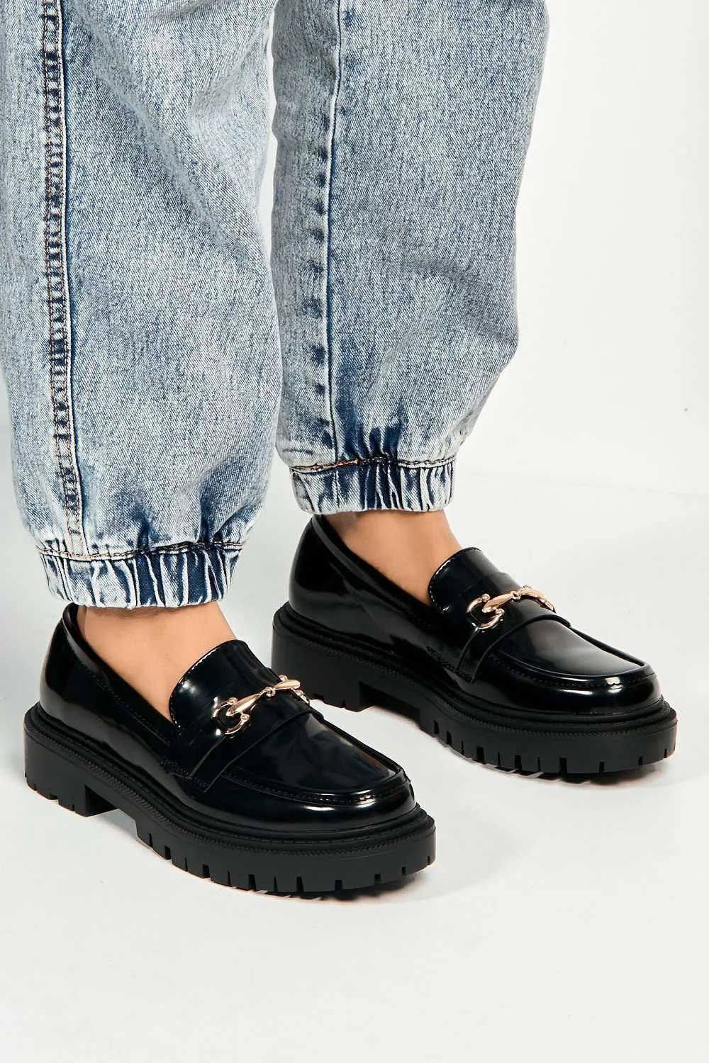 Visna Chain Link Detail Chunky Loafers in Black Matt