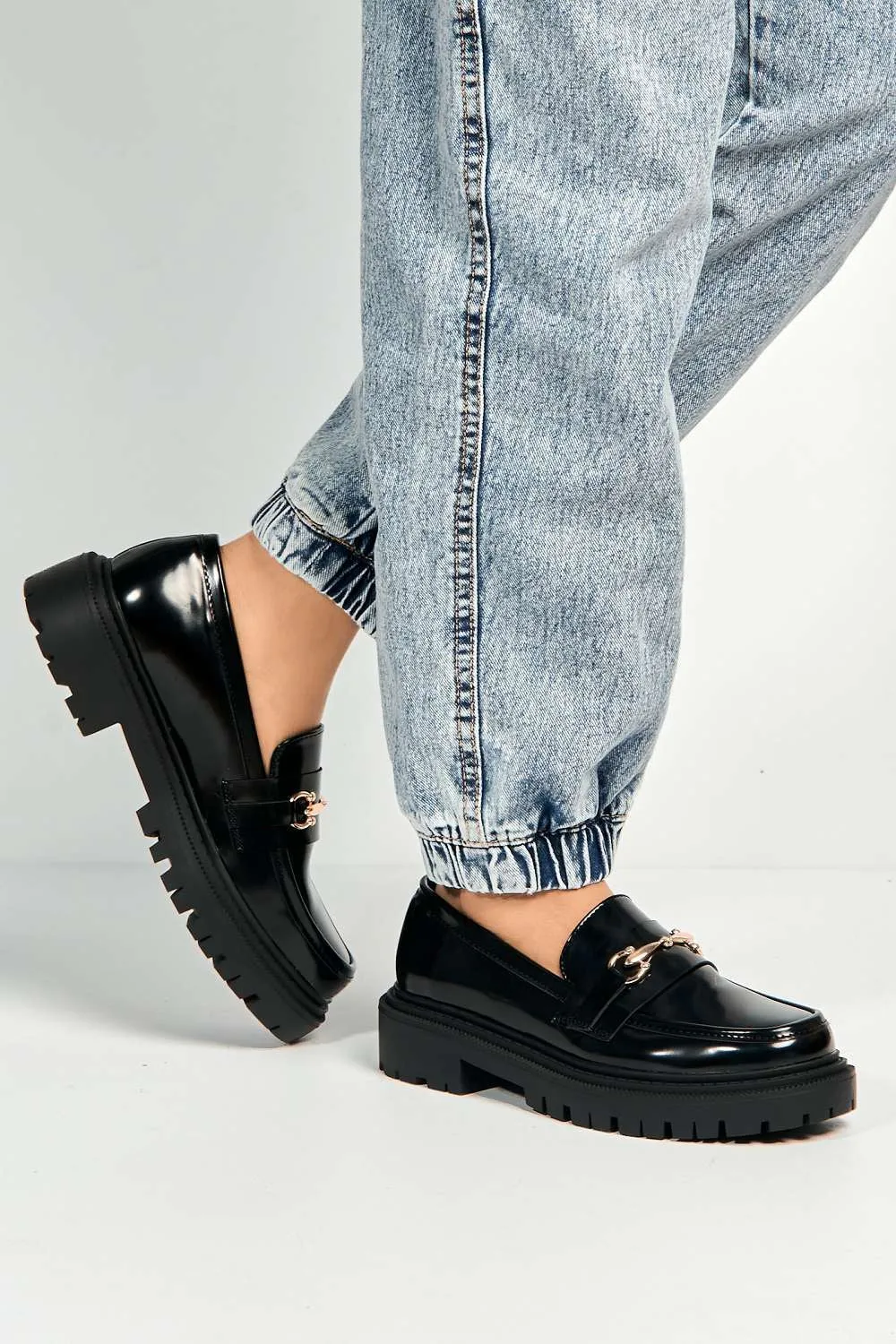 Visna Chain Link Detail Chunky Loafers in Black Matt