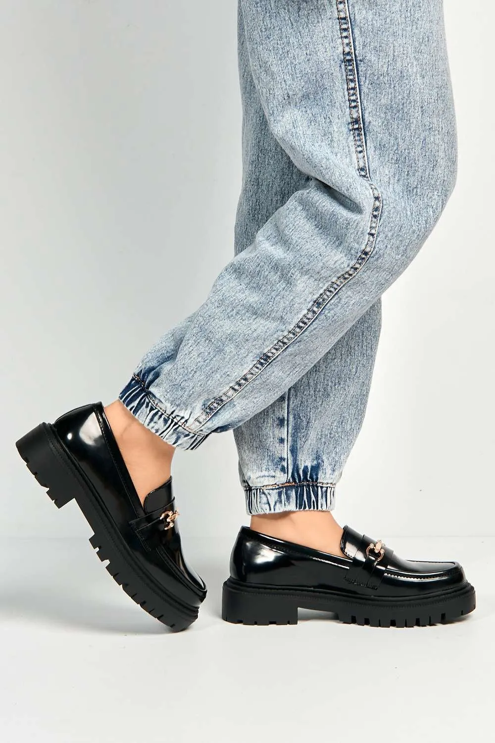 Visna Chain Link Detail Chunky Loafers in Black Matt