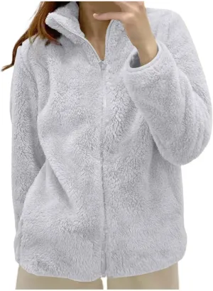 Women Winter Polar Fleece Jacket 2024 Sherpa Lined Plus Size Warm Cardigans Jackets Full Zip Stand Collar Fashion Outwear