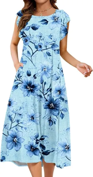 Women's Floral Midi Summer Dresses with Pockets, Flared Sleeve Round Neck Flowy Long Beach Beach Sundress