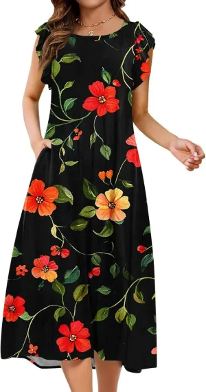 Women's Floral Midi Summer Dresses with Pockets, Flared Sleeve Round Neck Flowy Long Beach Beach Sundress