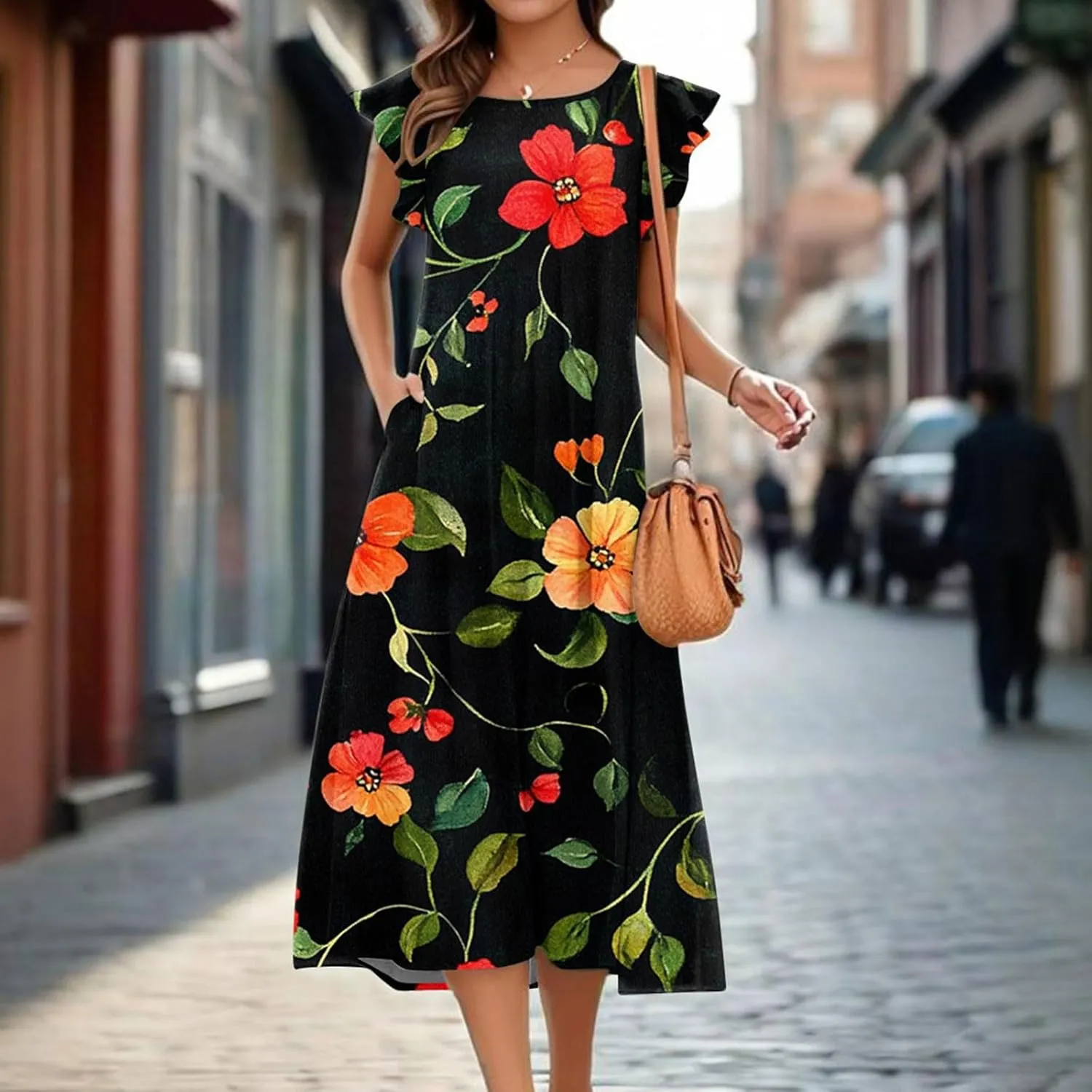 Women's Floral Midi Summer Dresses with Pockets, Flared Sleeve Round Neck Flowy Long Beach Beach Sundress