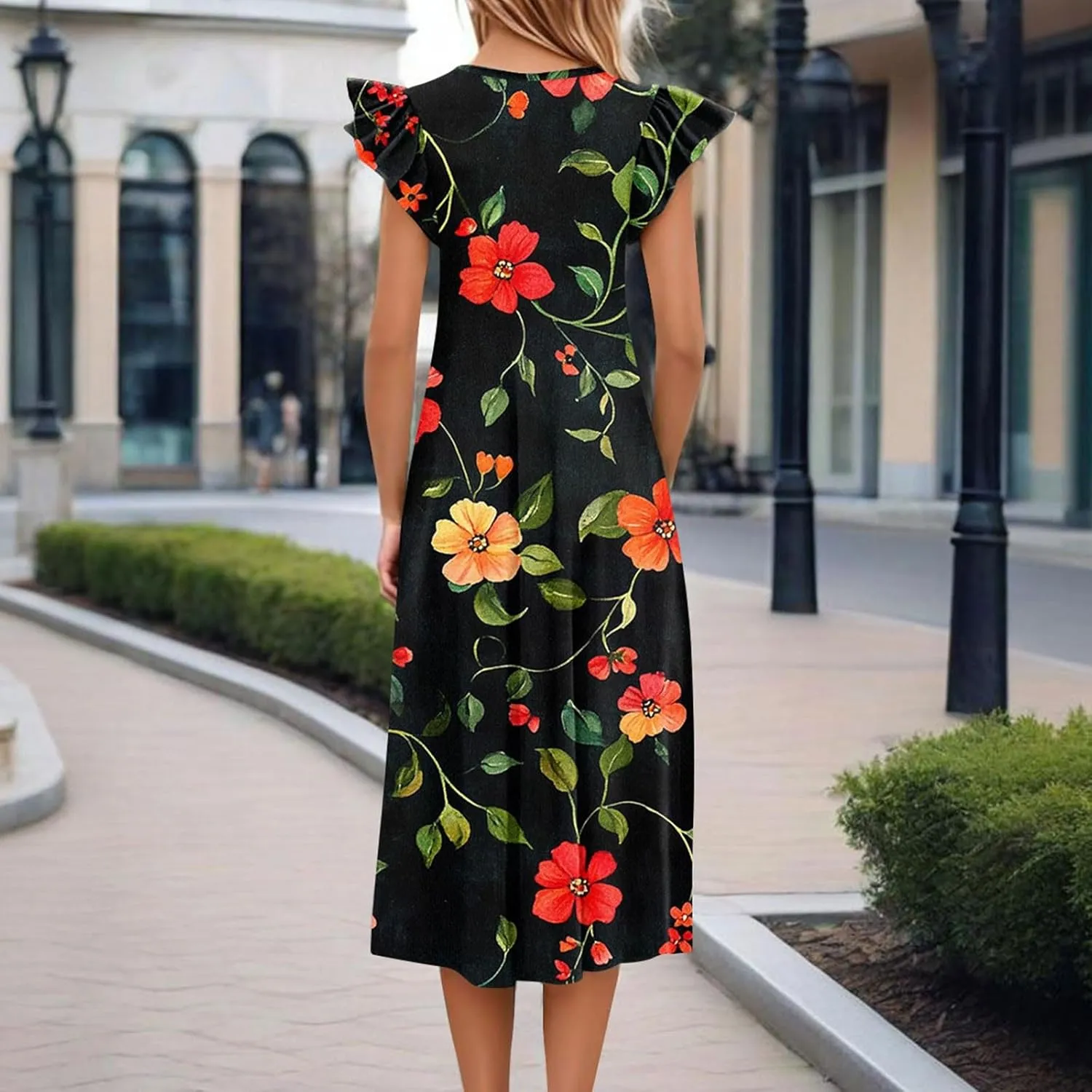 Women's Floral Midi Summer Dresses with Pockets, Flared Sleeve Round Neck Flowy Long Beach Beach Sundress