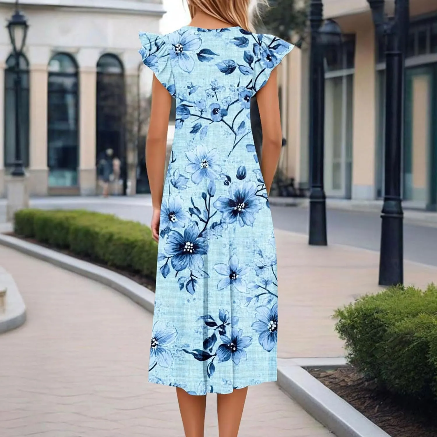 Women's Floral Midi Summer Dresses with Pockets, Flared Sleeve Round Neck Flowy Long Beach Beach Sundress