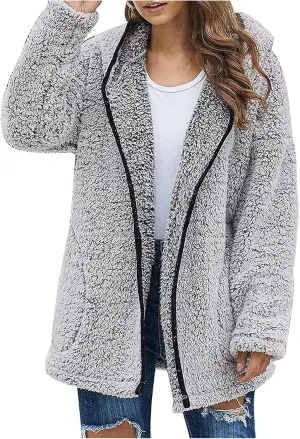 Womens Warm Fuzzy Zip Up Hoodie 2024 Winter Long Sleeve Solid Fuzzy Fleece Jacket Plus Size Sherpa Coat with Pockets