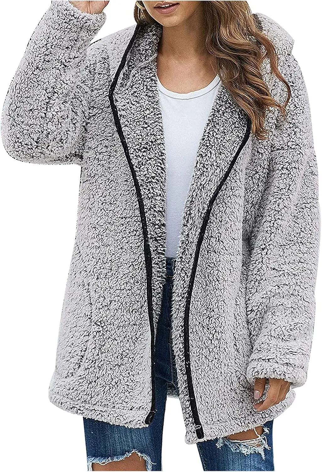 Womens Warm Fuzzy Zip Up Hoodie 2024 Winter Long Sleeve Solid Fuzzy Fleece Jacket Plus Size Sherpa Coat with Pockets