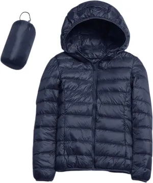 Womens Winter Cropped Jackets Packable Lightweight Solid Color Casual Puffer Jacket Warm Zip Up Hooded Quilted Down Jacket