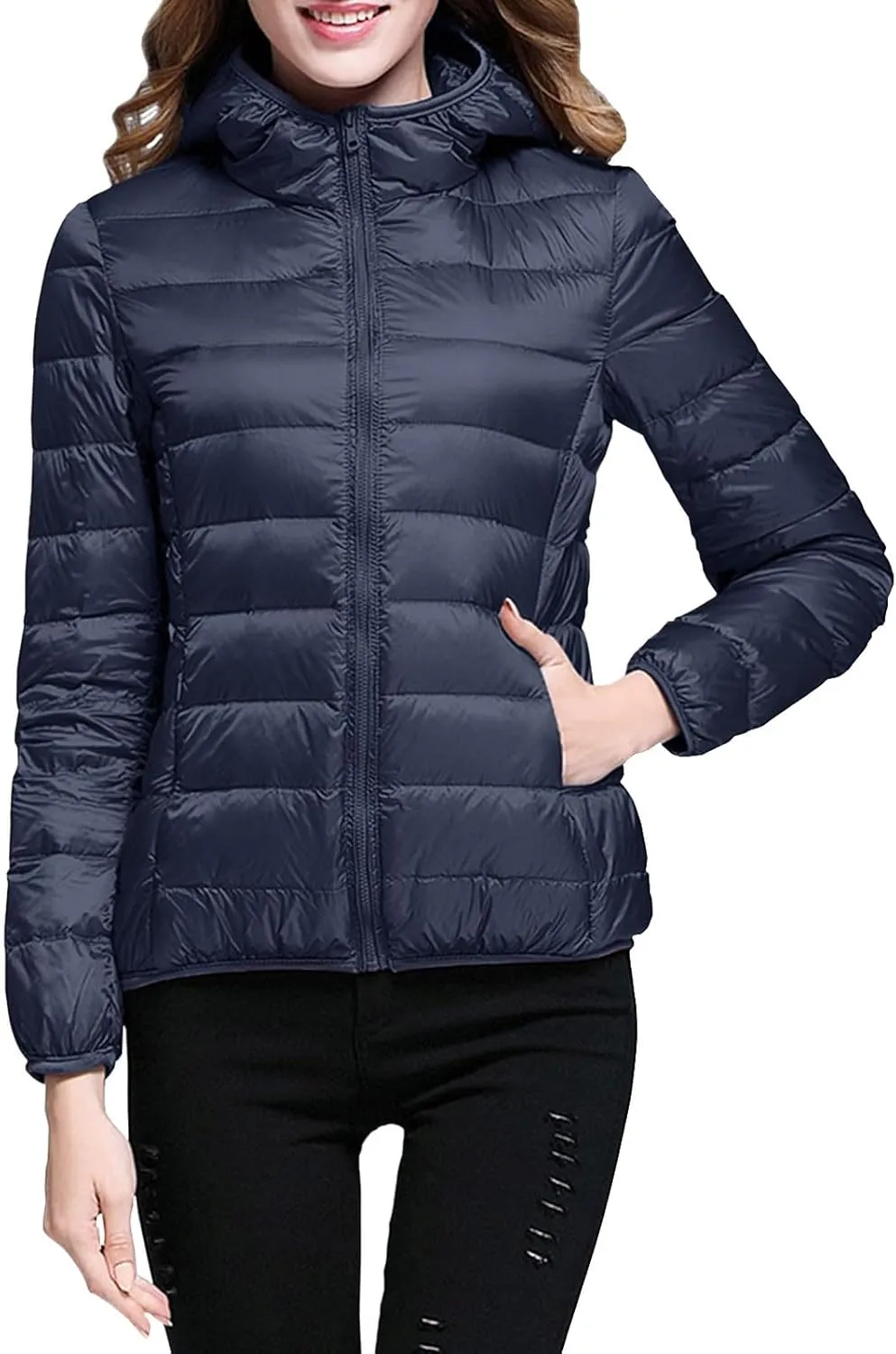 Womens Winter Cropped Jackets Packable Lightweight Solid Color Casual Puffer Jacket Warm Zip Up Hooded Quilted Down Jacket