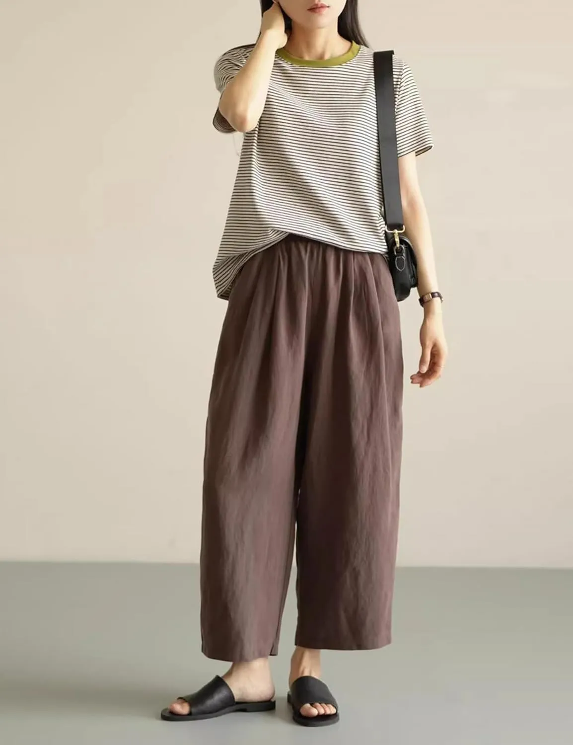 Yeokou Womens Linen Wide Leg Pants Casual Cropped Elastic Waist Summer Beach Vacation Harem Pants with Pockets