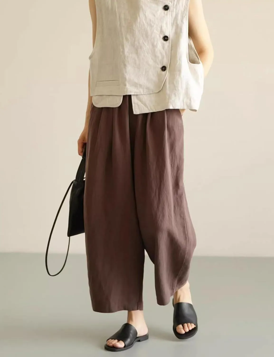 Yeokou Womens Linen Wide Leg Pants Casual Cropped Elastic Waist Summer Beach Vacation Harem Pants with Pockets