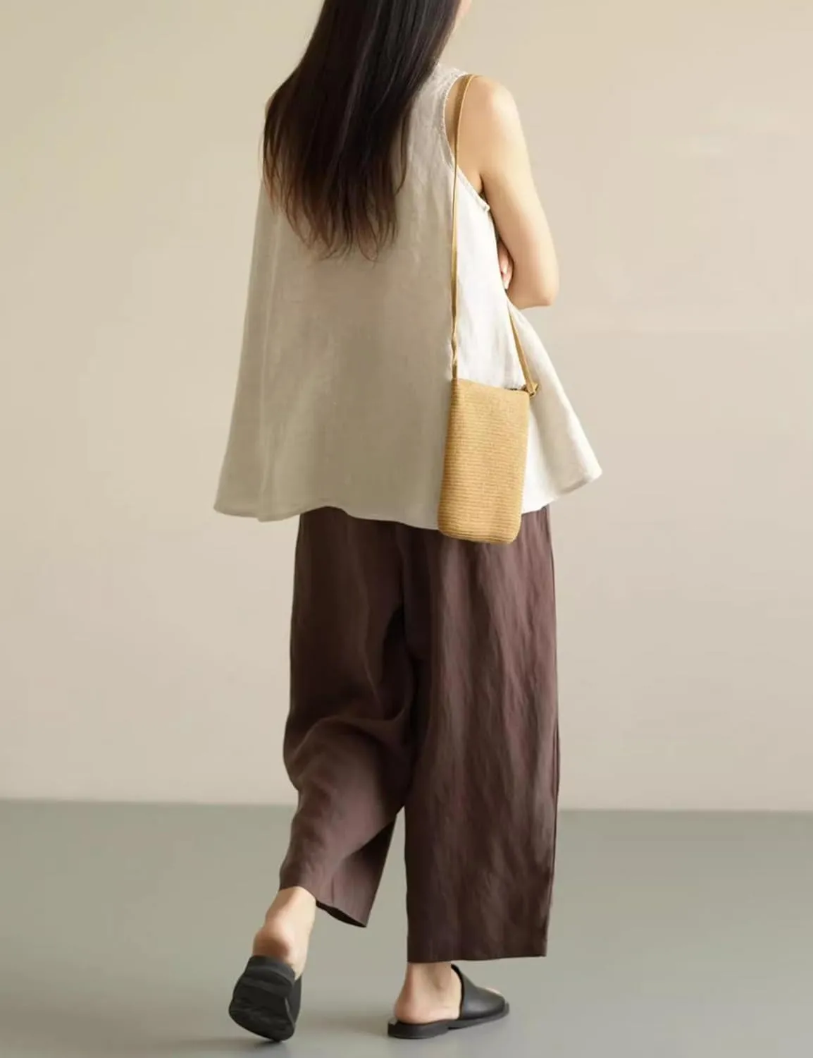 Yeokou Womens Linen Wide Leg Pants Casual Cropped Elastic Waist Summer Beach Vacation Harem Pants with Pockets