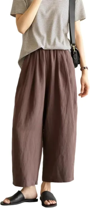 Yeokou Womens Linen Wide Leg Pants Casual Cropped Elastic Waist Summer Beach Vacation Harem Pants with Pockets