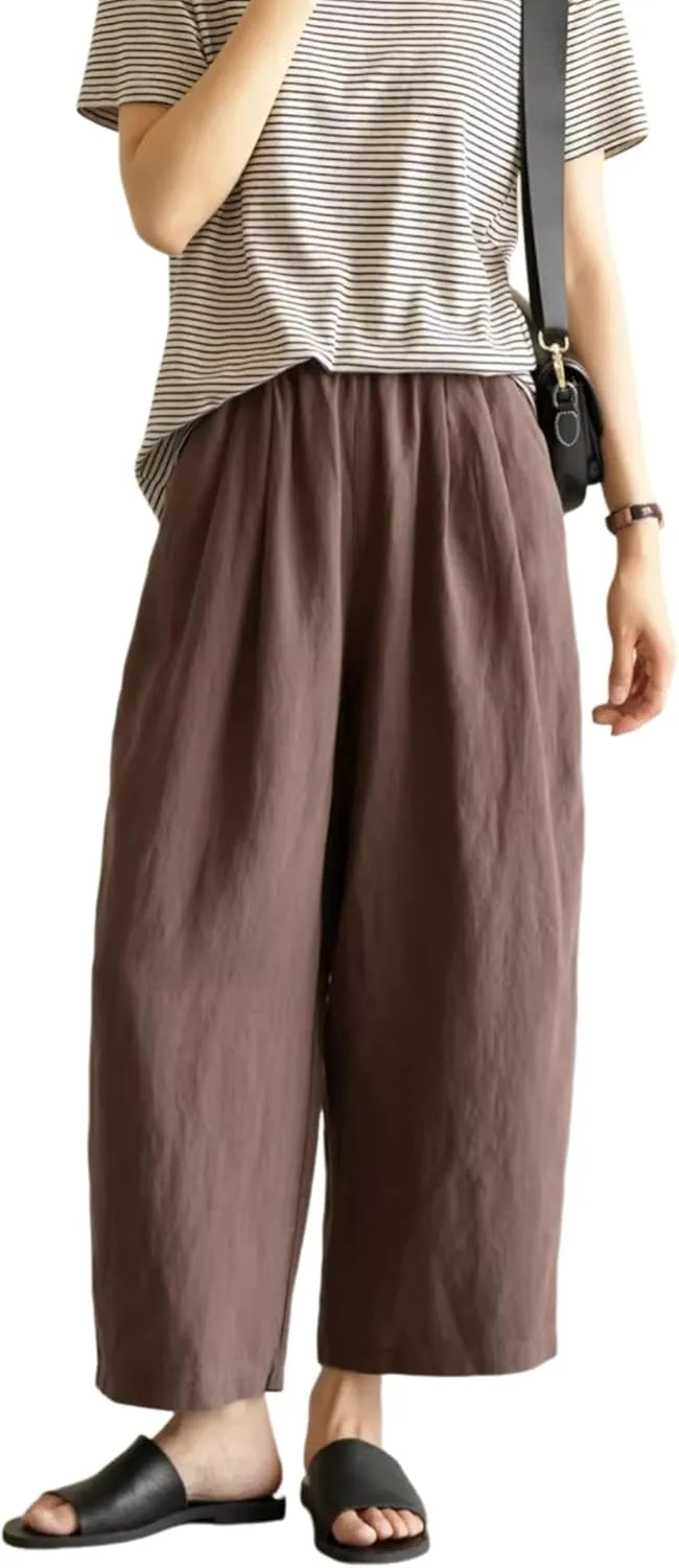 Yeokou Womens Linen Wide Leg Pants Casual Cropped Elastic Waist Summer Beach Vacation Harem Pants with Pockets