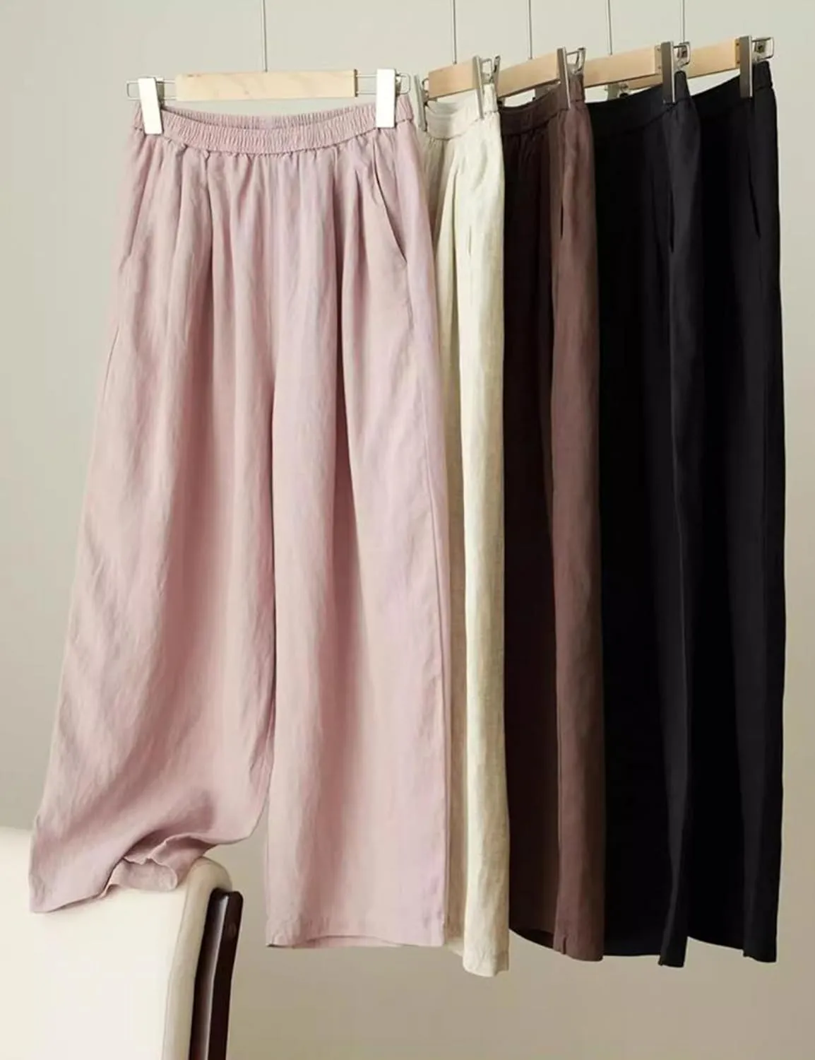 Yeokou Womens Linen Wide Leg Pants Casual Cropped Elastic Waist Summer Beach Vacation Harem Pants with Pockets