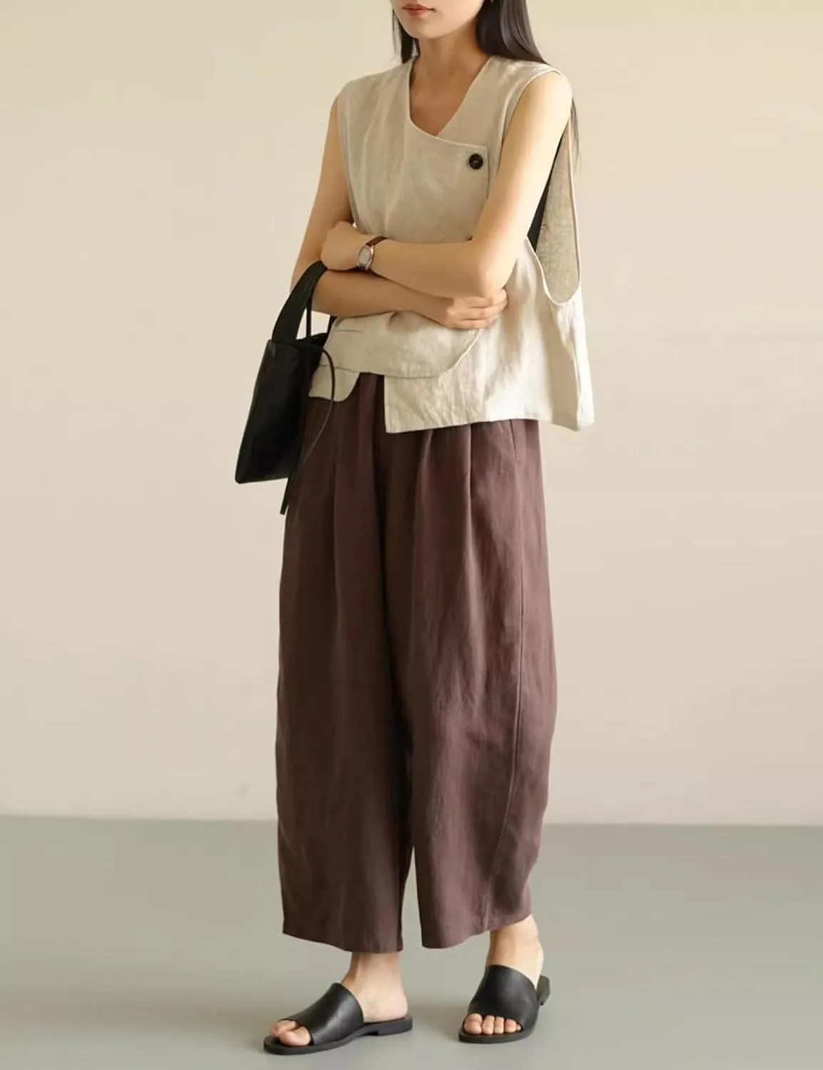 Yeokou Womens Linen Wide Leg Pants Casual Cropped Elastic Waist Summer Beach Vacation Harem Pants with Pockets