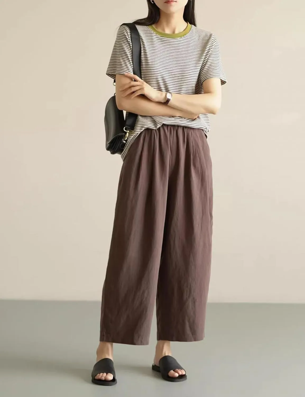Yeokou Womens Linen Wide Leg Pants Casual Cropped Elastic Waist Summer Beach Vacation Harem Pants with Pockets